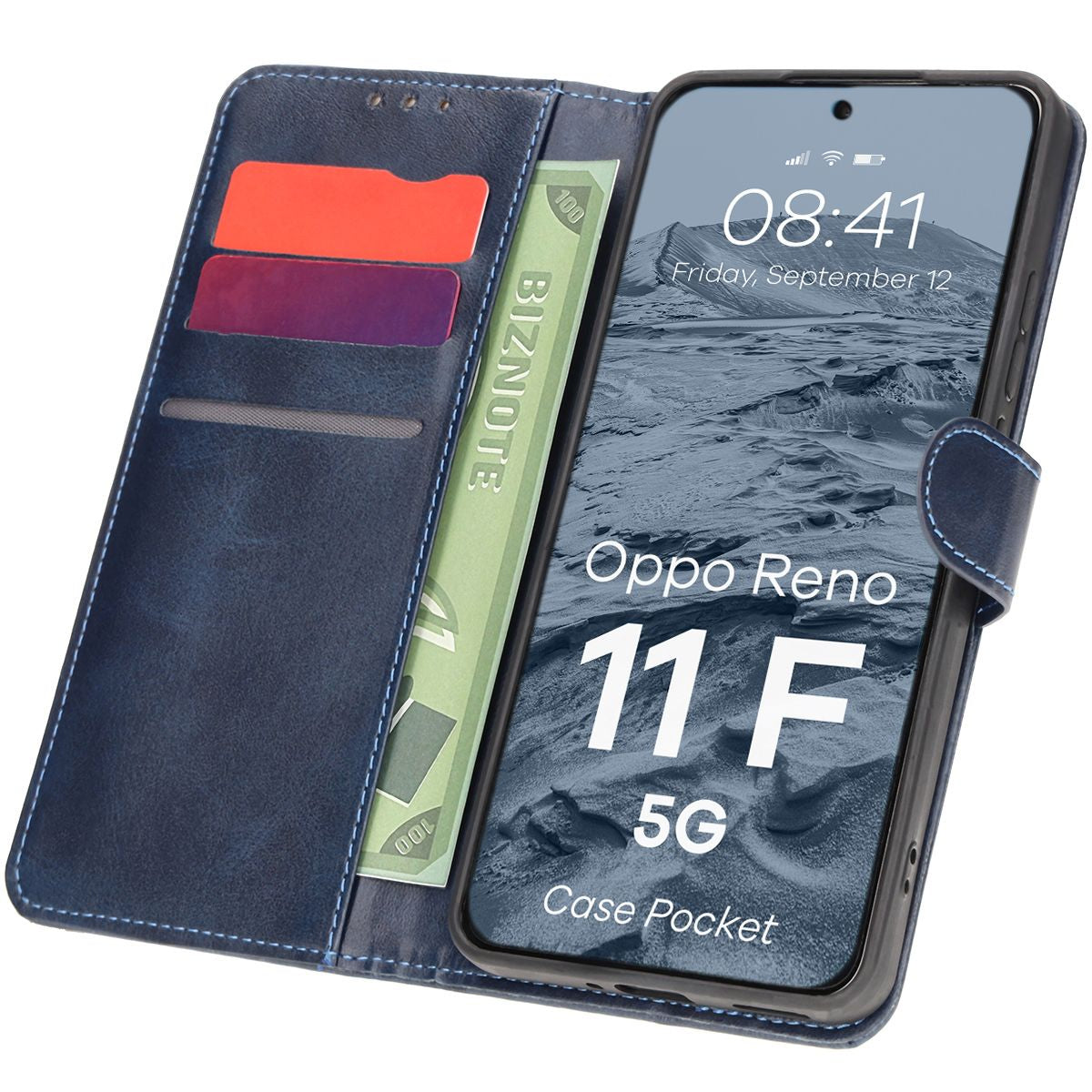 Handyhülle mit Klappe für Oppo Reno11 F 5G, Bizon Case Pocket, Dunkelblau