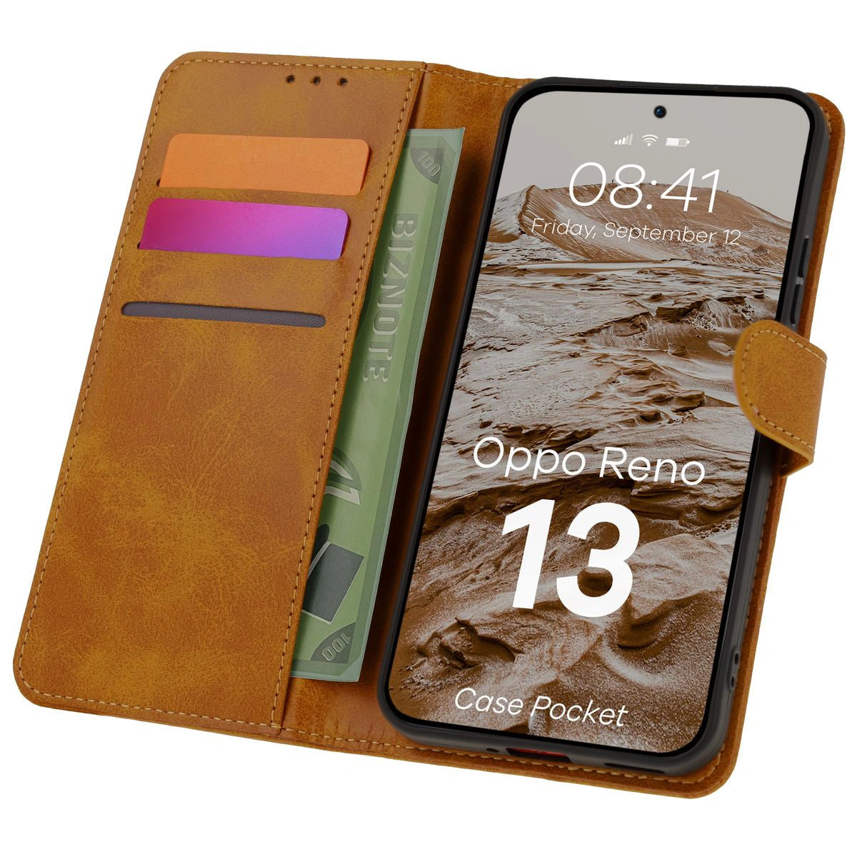 Handyhülle mit Klappe für Oppo Reno13, Bizon Case Pocket, Braun