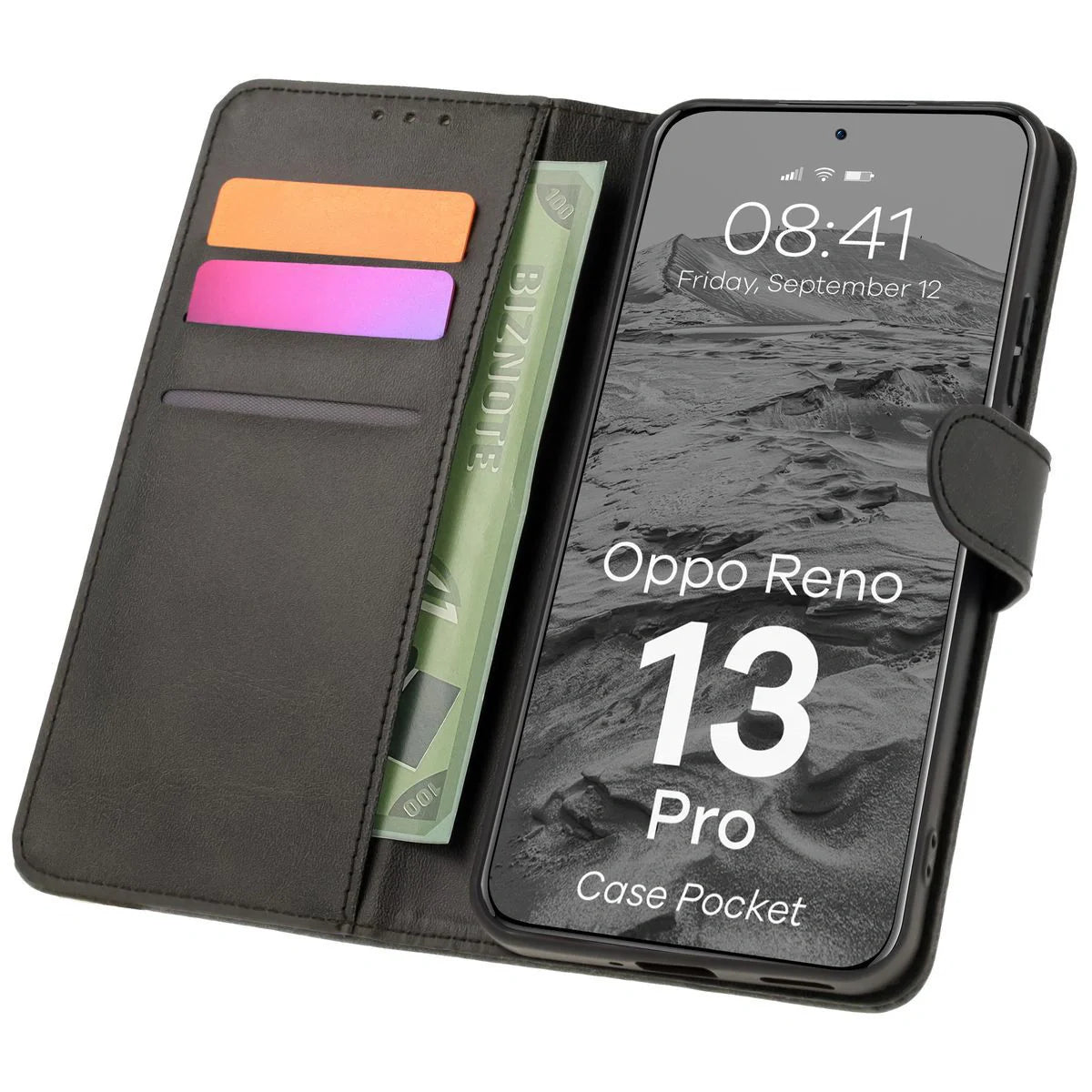 Handyhülle mit Klappe für Oppo Reno13 Pro, Bizon Case Pocket, Schwarz