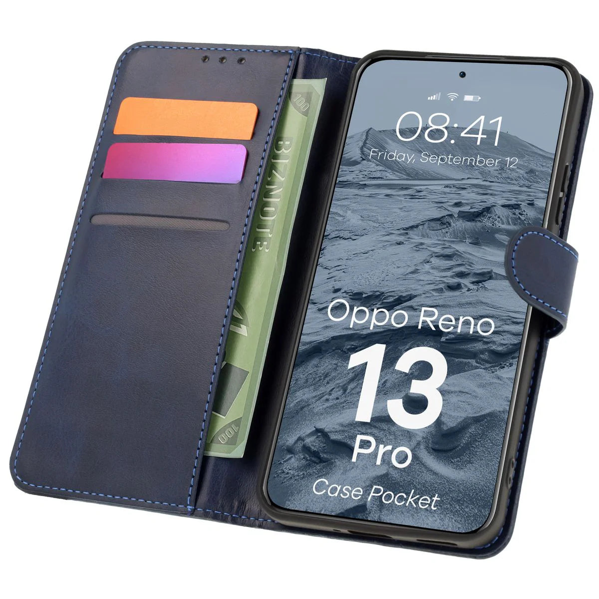 Handyhülle mit Klappe für Oppo Reno13 Pro, Bizon Case Pocket, Dunkelblau