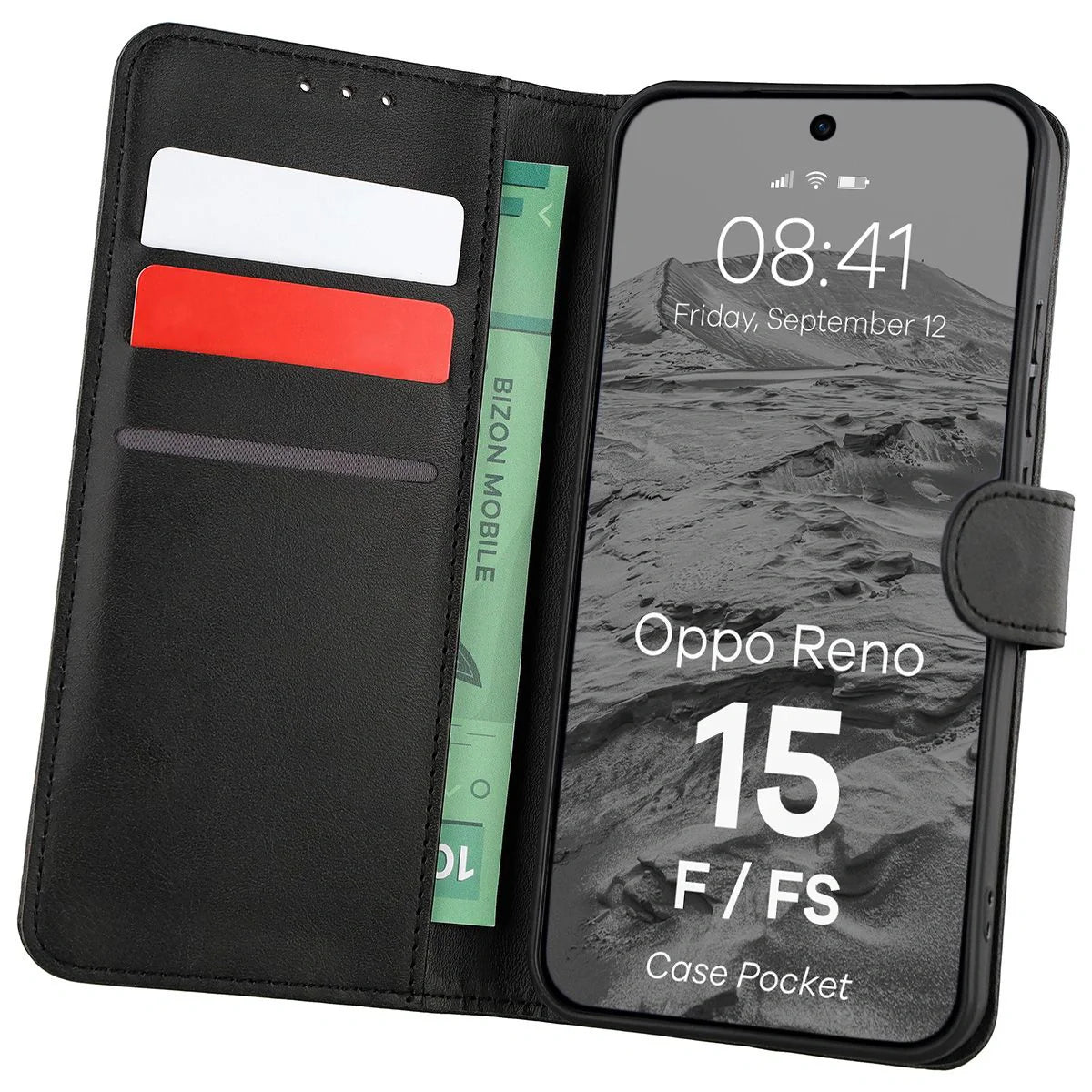 Handyhülle mit Klappe für Oppo Reno 15 F / FS, Bizon Case Pocket, Schwarz