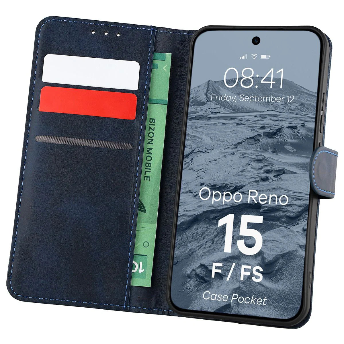 Handyhülle mit Klappe für Oppo Reno 15 F / FS, Bizon Case Pocket, Dunkelblau