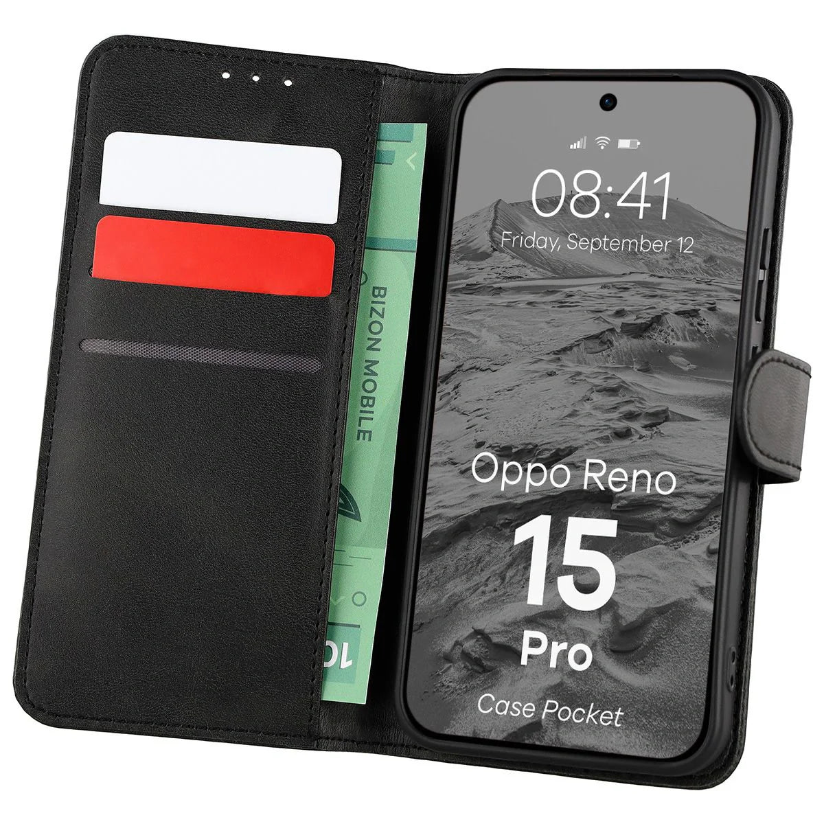 Handyhülle mit Klappe für Oppo Reno 15 Pro, Bizon Case Pocket, Schwarz