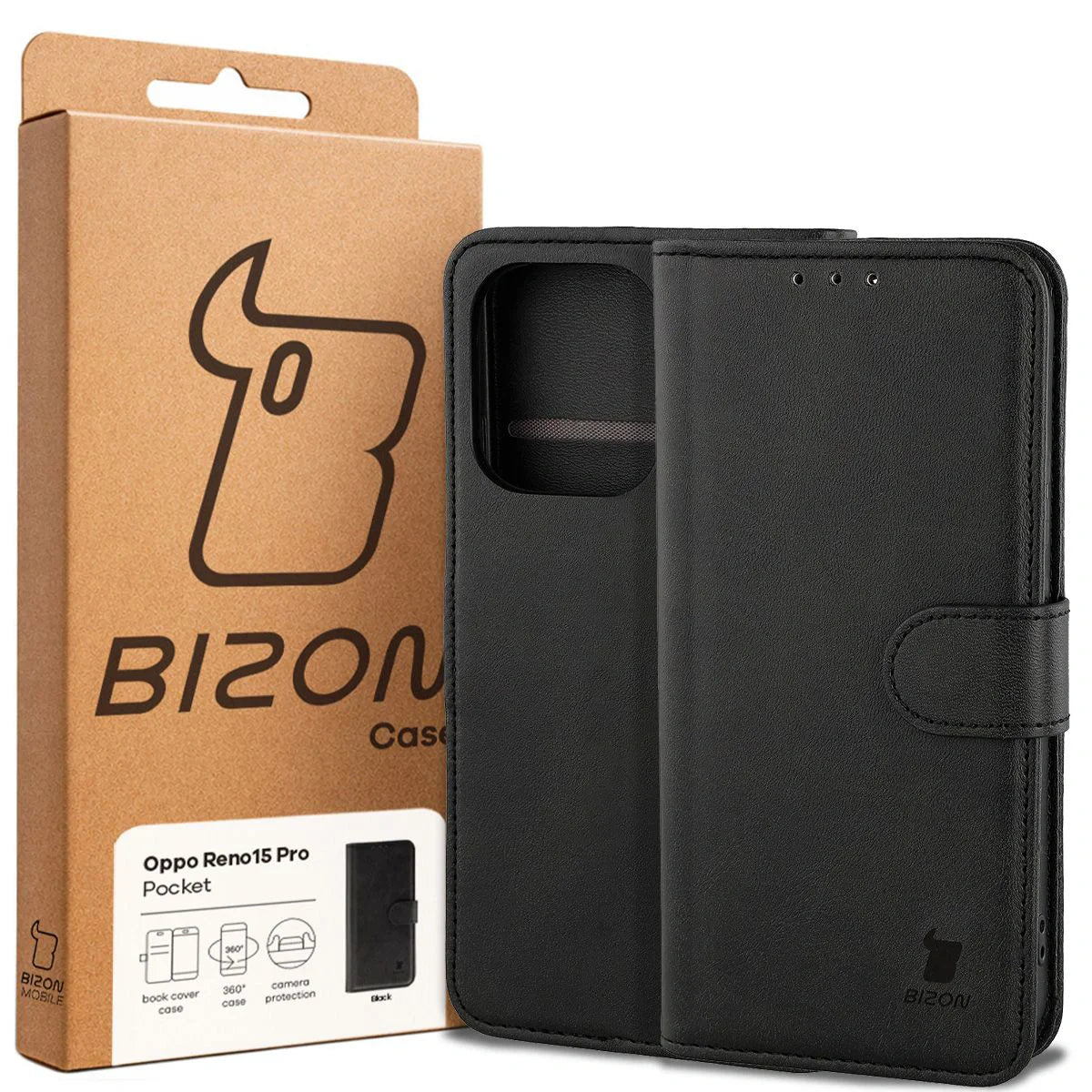 Handyhülle mit Klappe für Oppo Reno 15 Pro, Bizon Case Pocket, Schwarz