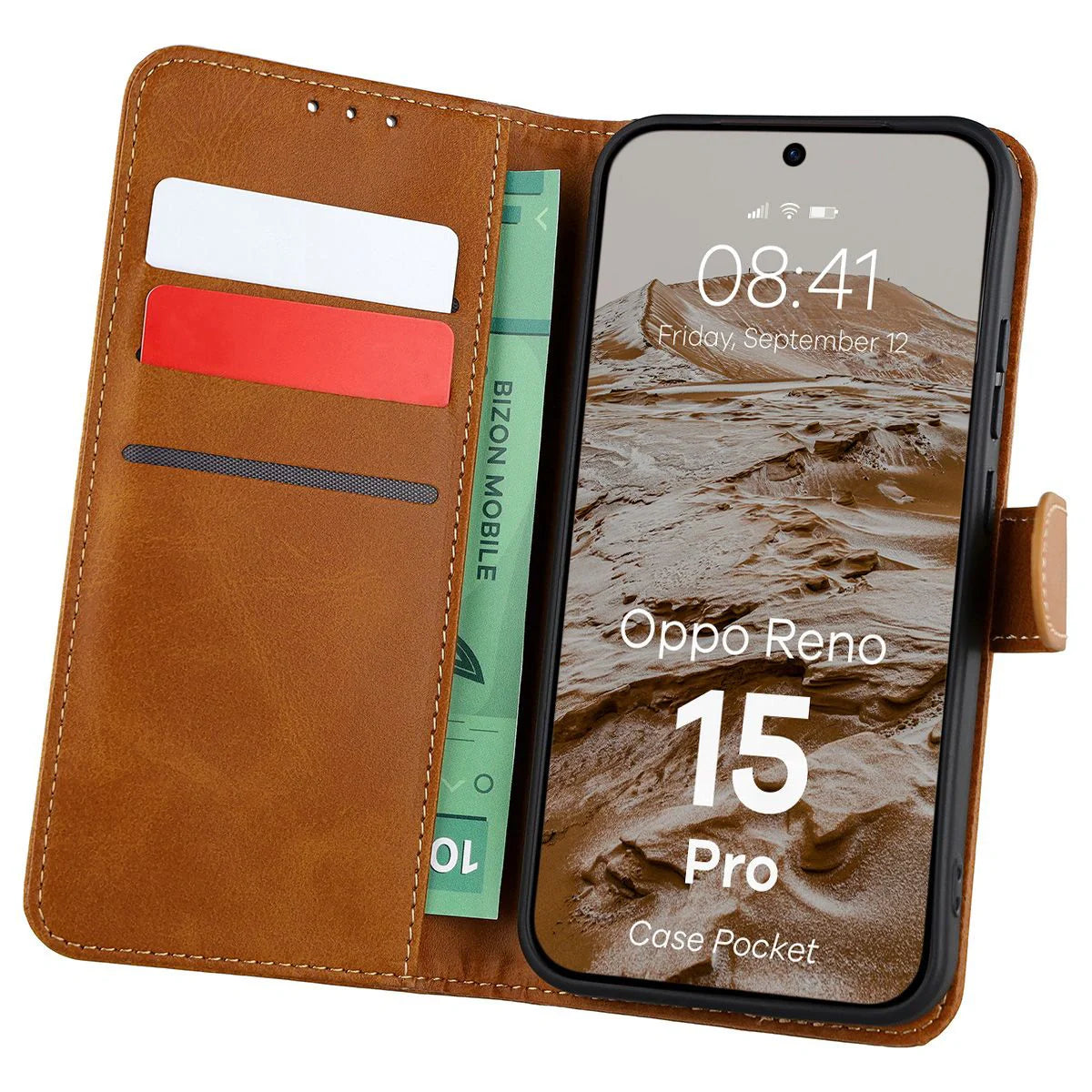 Handyhülle mit Klappe für Oppo Reno 15 Pro, Bizon Case Pocket, Braun