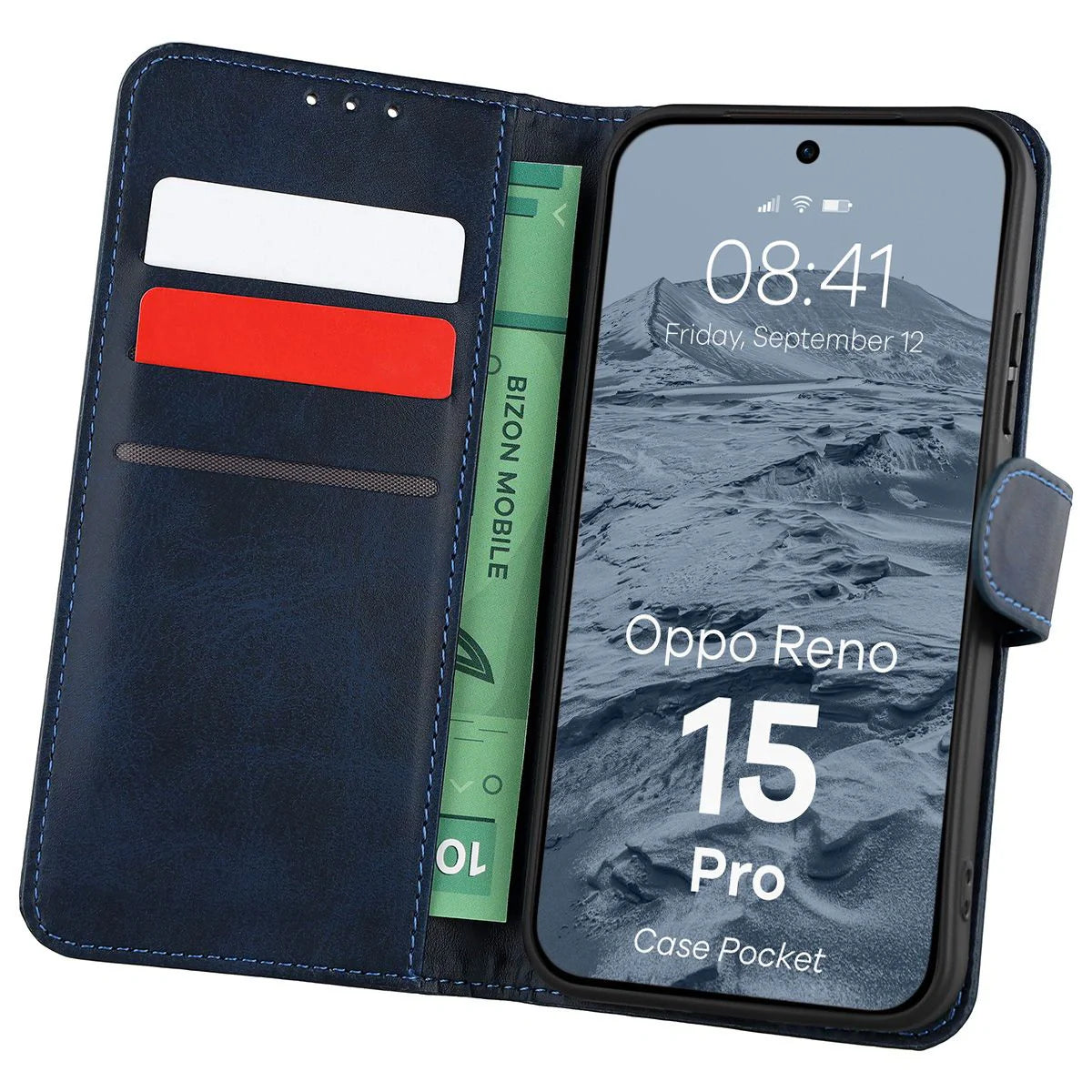 Handyhülle mit Klappe für Oppo Reno 15 Pro, Bizon Case Pocket, Dunkelblau