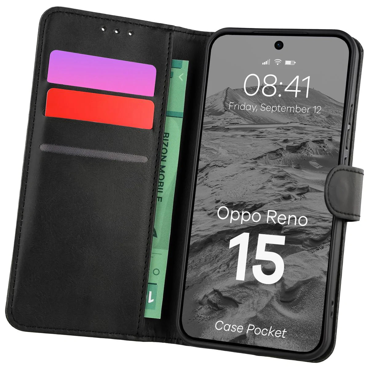 Handyhülle mit Klappe für Oppo Reno 15, Bizon Case Pocket, Schwarz