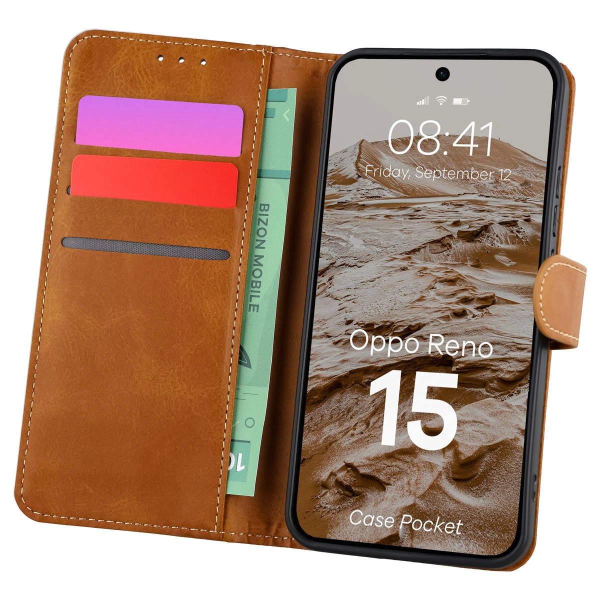 Handyhülle mit Klappe für Oppo Reno 15, Bizon Case Pocket, Braun
