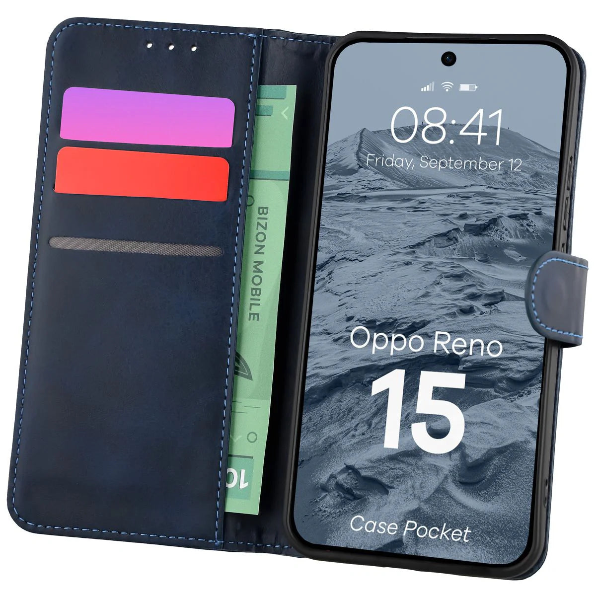 Handyhülle mit Klappe für Oppo Reno 15, Bizon Case Pocket, Dunkelblau