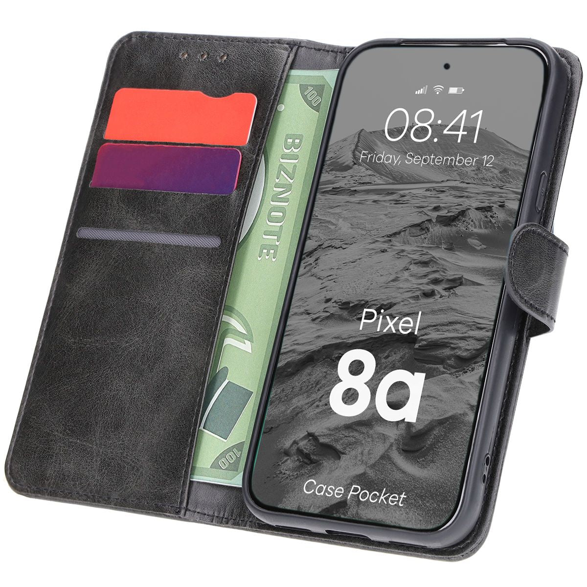 Handyhülle mit Klappe für Google Pixel 8a, Bizon Case Pocket, Schwarz