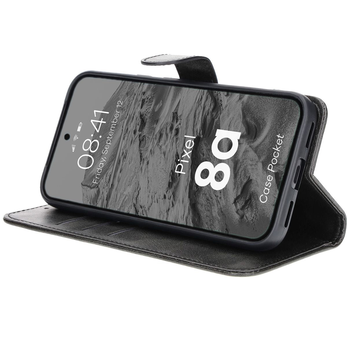Handyhülle mit Klappe für Google Pixel 8a, Bizon Case Pocket, Schwarz