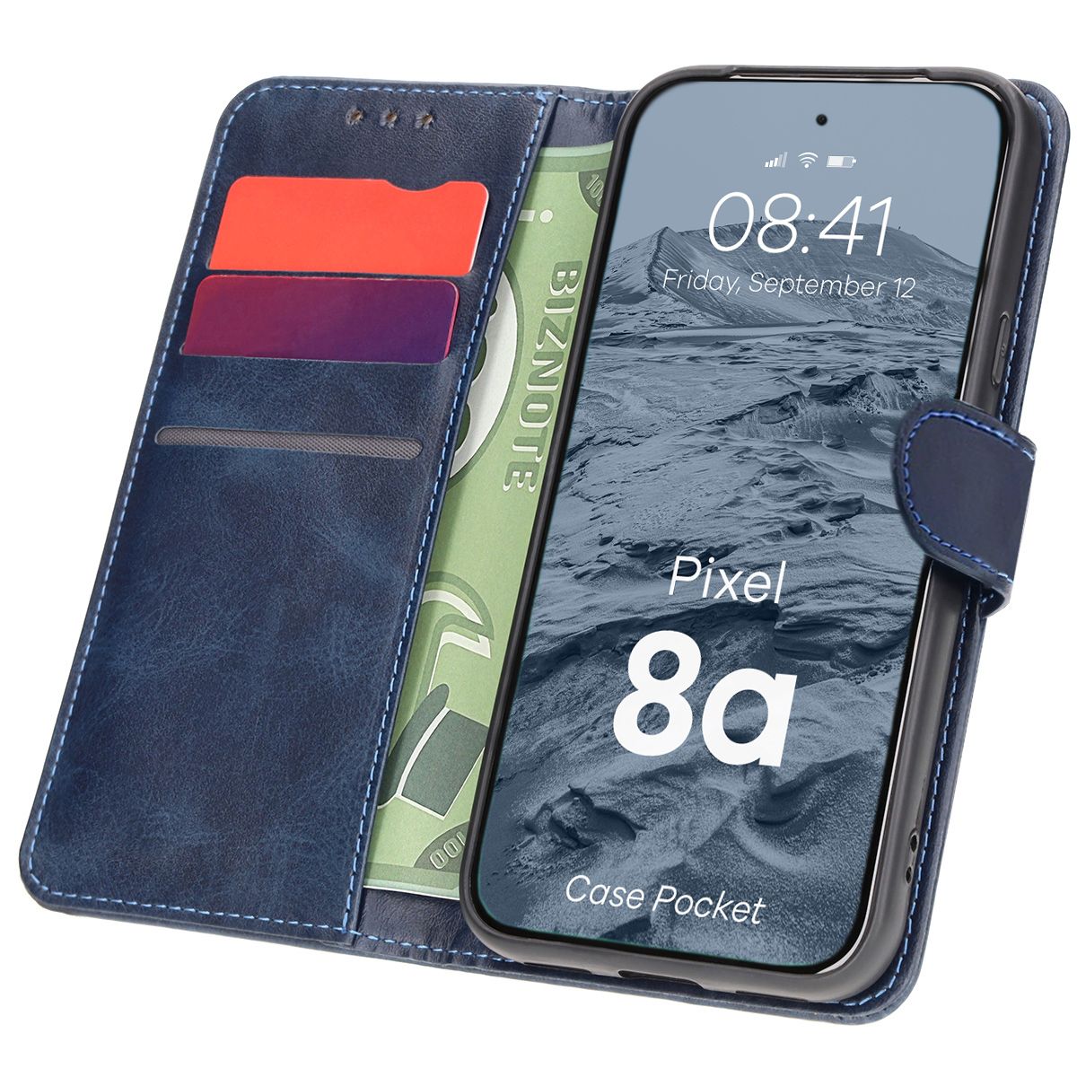 Handyhülle mit Klappe für Google Pixel 8a, Bizon Case Pocket, Dunkelblau
