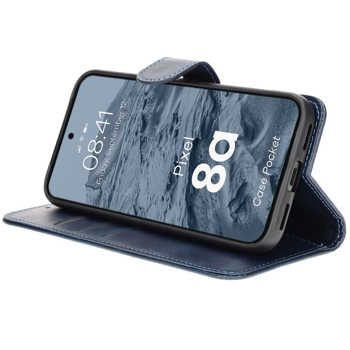 Handyhülle mit Klappe für Google Pixel 8a, Bizon Case Pocket, Dunkelblau