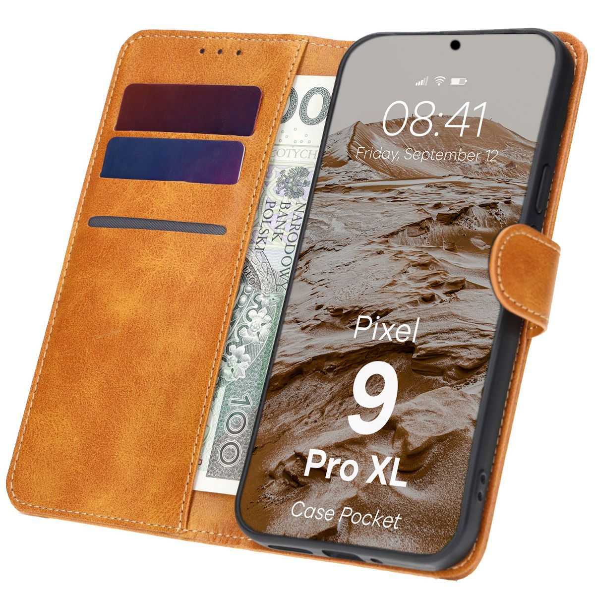 Handyhülle mit Klappe für Google Pixel 9 Pro XL, Bizon Case Pocket, Braun