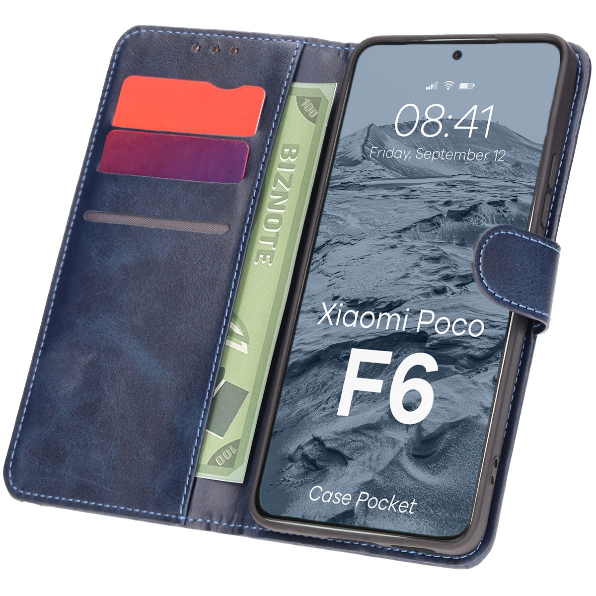 Handyhülle mit Klappe für Xiaomi Poco F6, Bizon Case Pocket, Dunkelblau