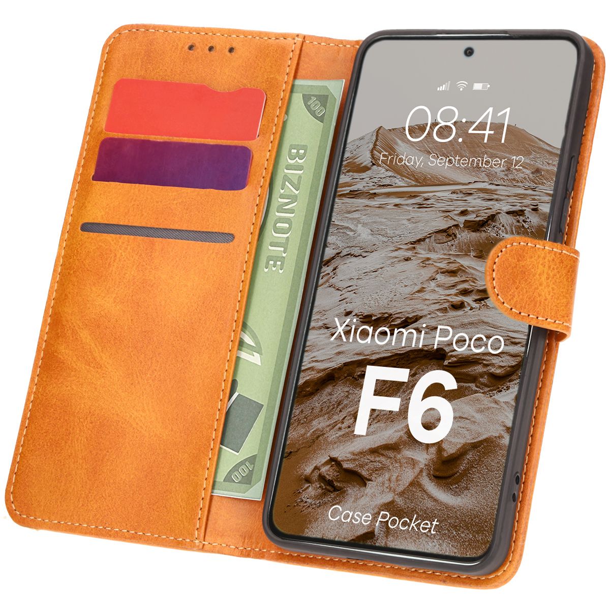 Handyhülle mit Klappe für Xiaomi Poco F6, Bizon Case Pocket, Braun
