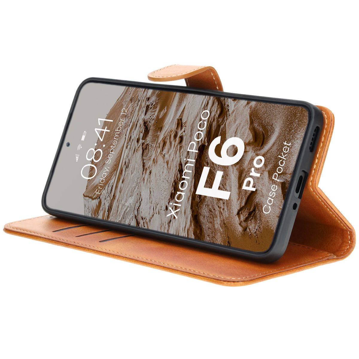 Handyhülle mit Klappe für Xiaomi Poco F6 Pro, Bizon Case Pocket, Braun