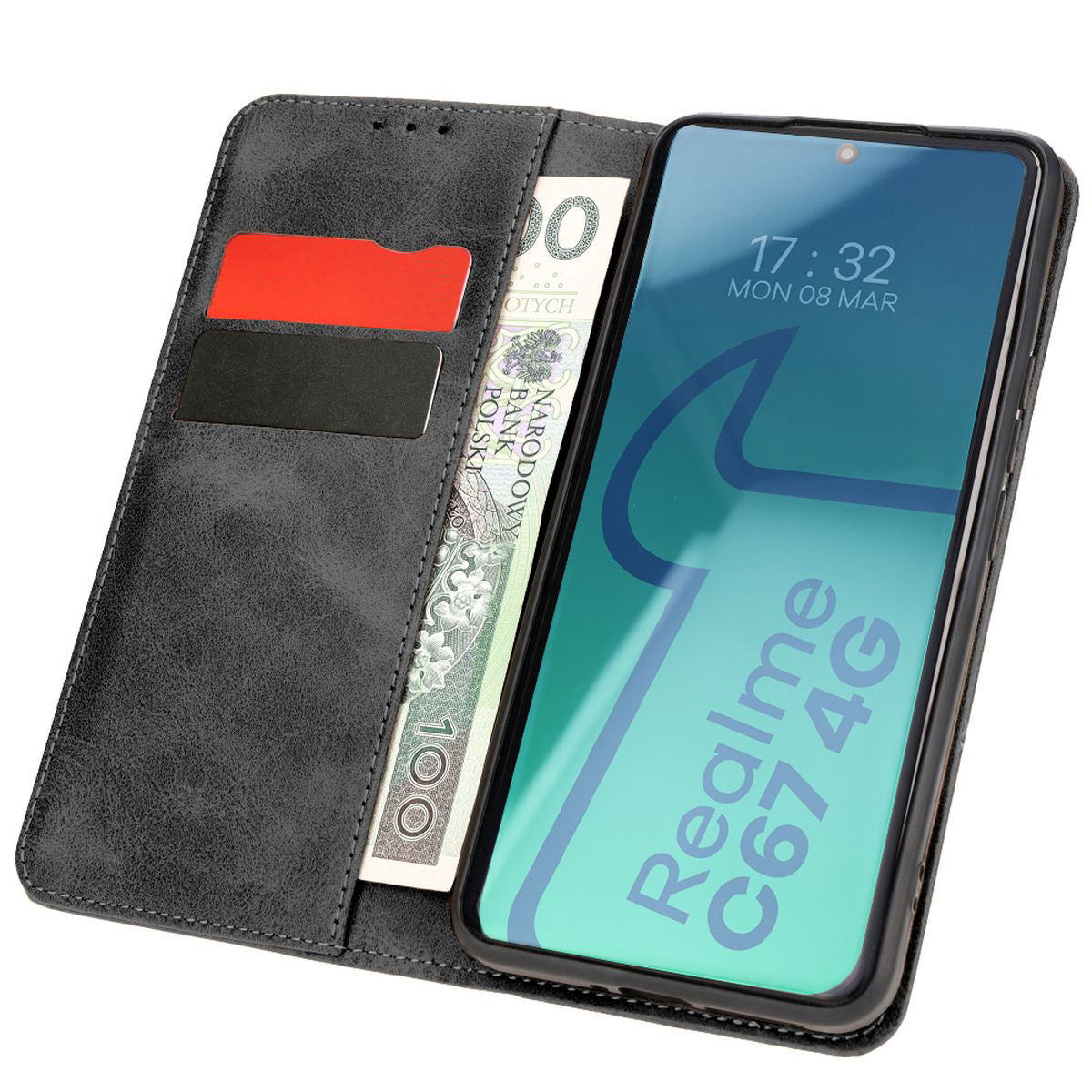 Handyhülle mit Klappe für Realme C67 4G, Bizon Case Pocket Pro, Schwarz
