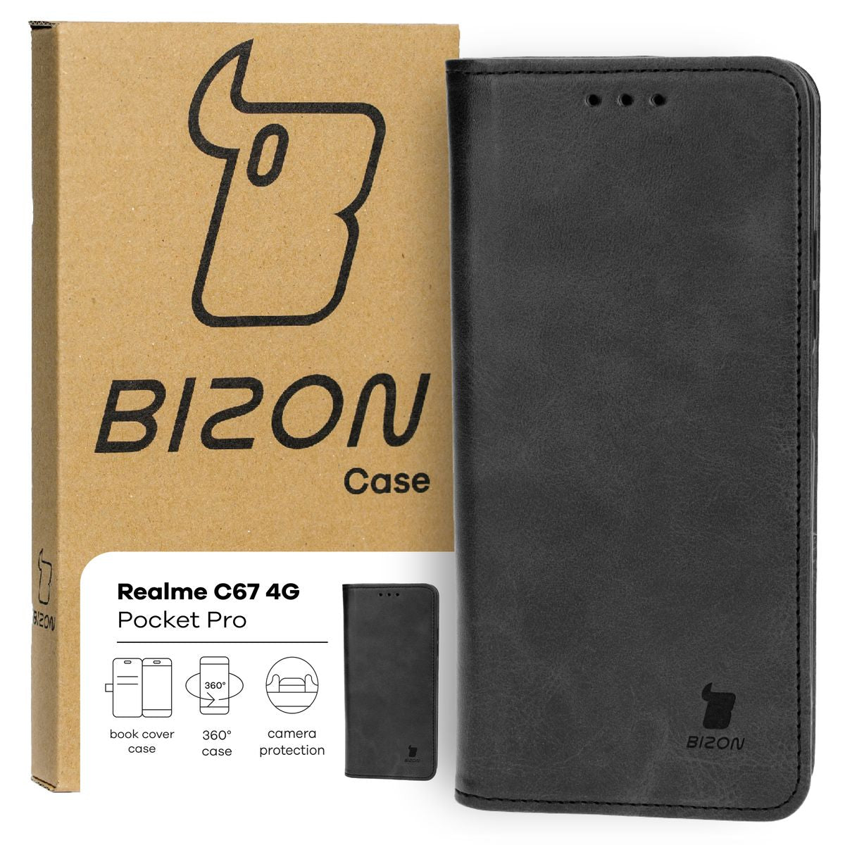 Handyhülle mit Klappe für Realme C67 4G, Bizon Case Pocket Pro, Schwarz
