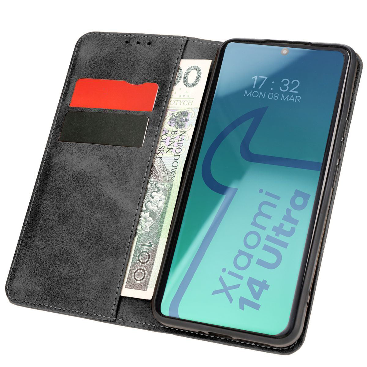 Handyhülle mit Klappe für Xiaomi 14 Ultra, Bizon Case Pocket Pro, Schwarz
