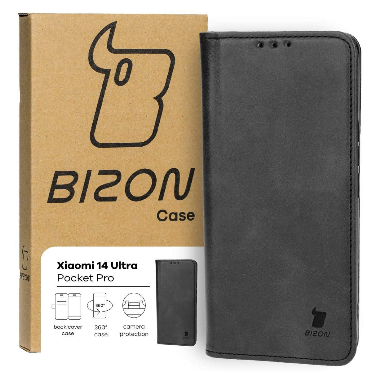 Handyhülle mit Klappe für Xiaomi 14 Ultra, Bizon Case Pocket Pro, Schwarz