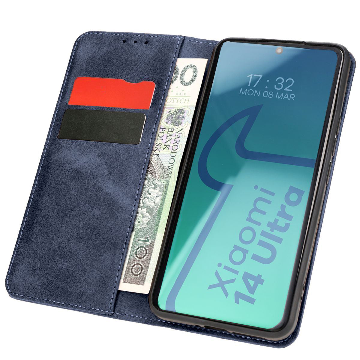 Handyhülle mit Klappe für Xiaomi 14 Ultra, Bizon Case Pocket Pro, Dunkelblau