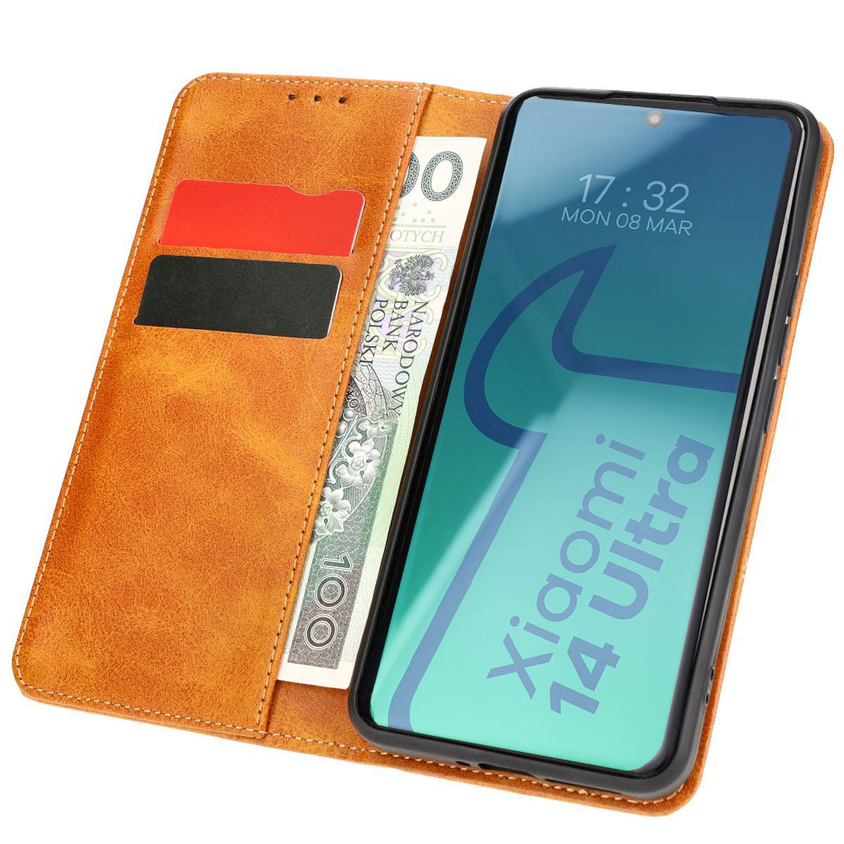 Handyhülle mit Klappe für Xiaomi 14 Ultra, Bizon Case Pocket Pro, Braun