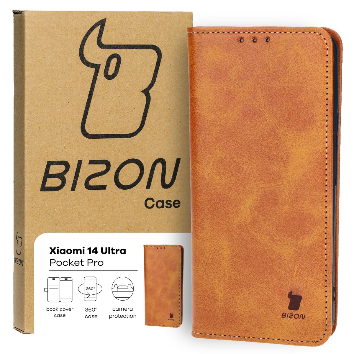 Handyhülle mit Klappe für Xiaomi 14 Ultra, Bizon Case Pocket Pro, Braun