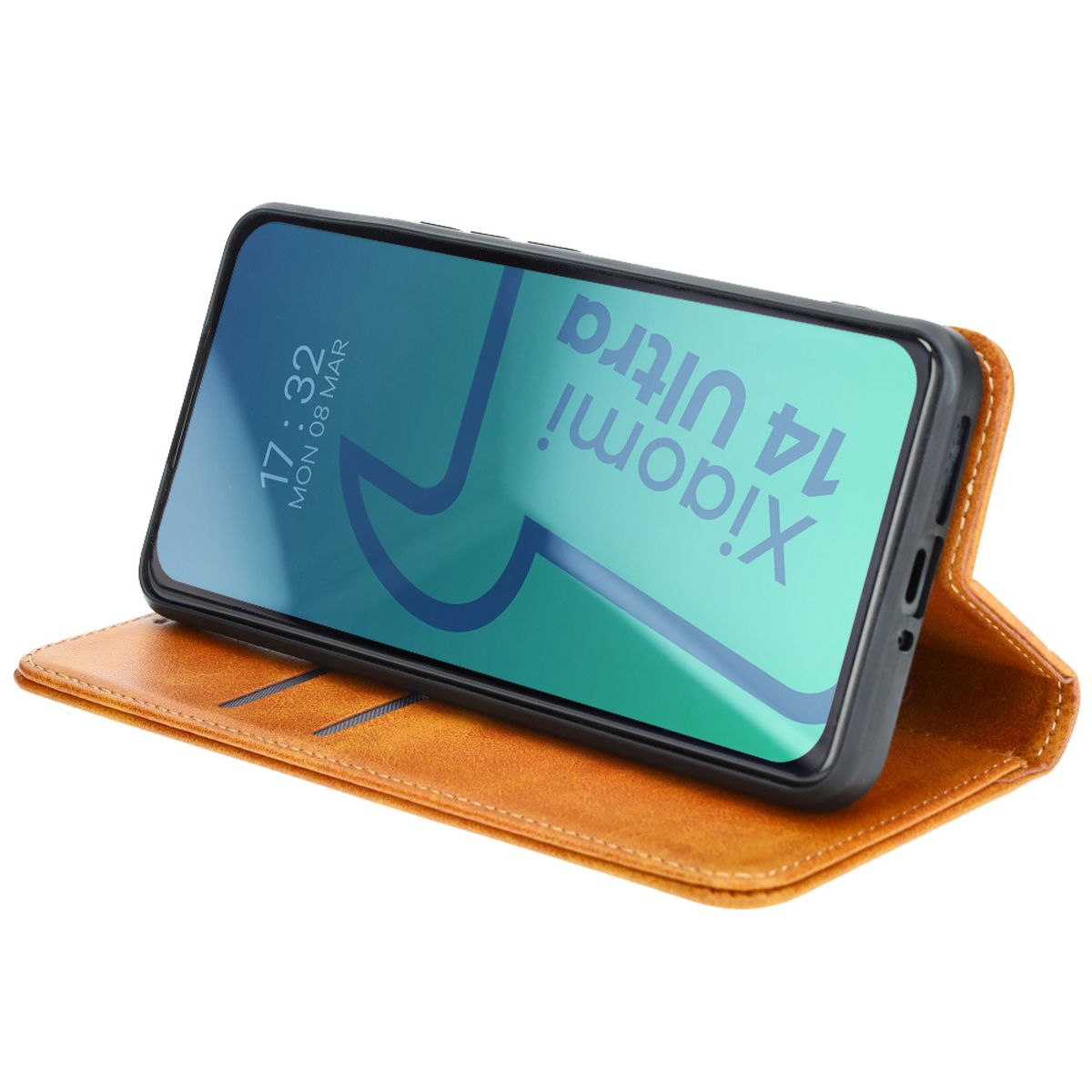 Handyhülle mit Klappe für Xiaomi 14 Ultra, Bizon Case Pocket Pro, Braun