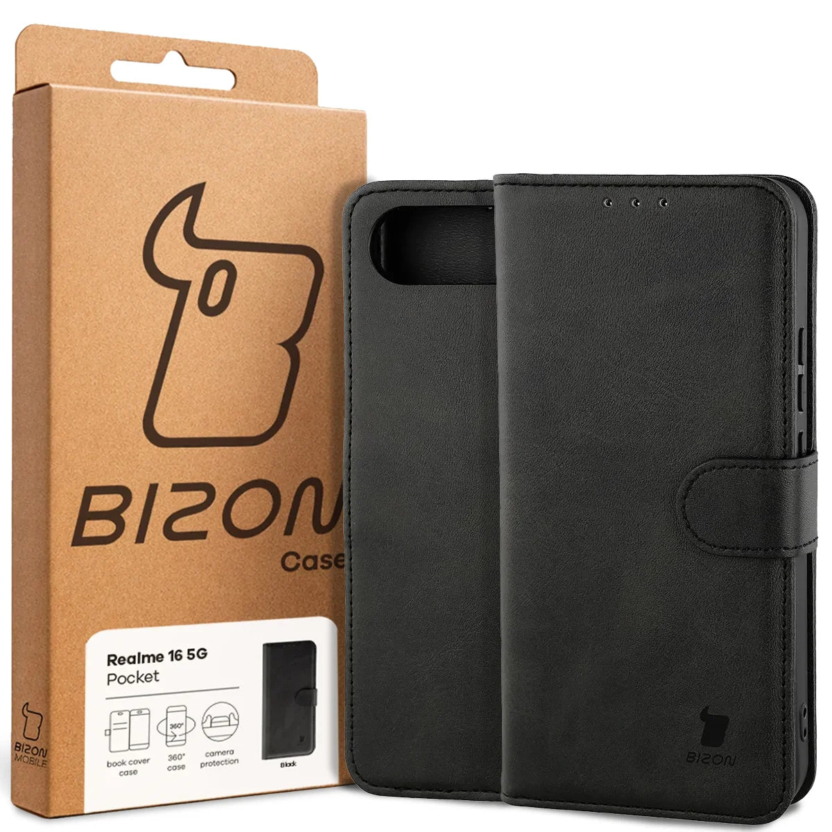 Handyhülle mit Klappe für Realme 16 5G, Bizon Case Pocket, Schwarz