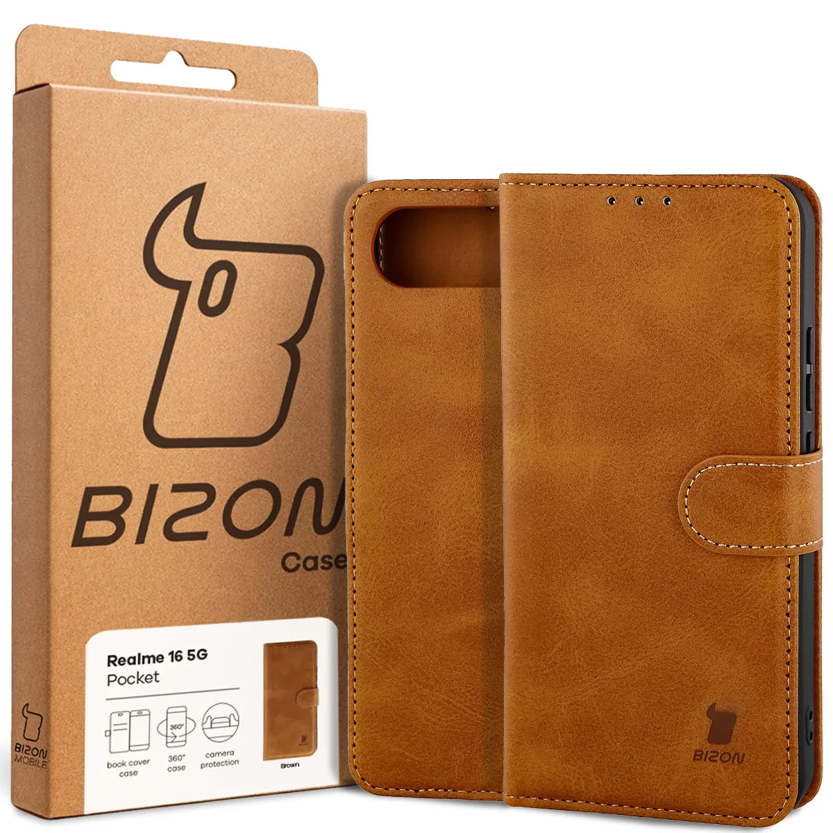 Handyhülle mit Klappe für Realme 16 5G, Bizon Case Pocket, Braun