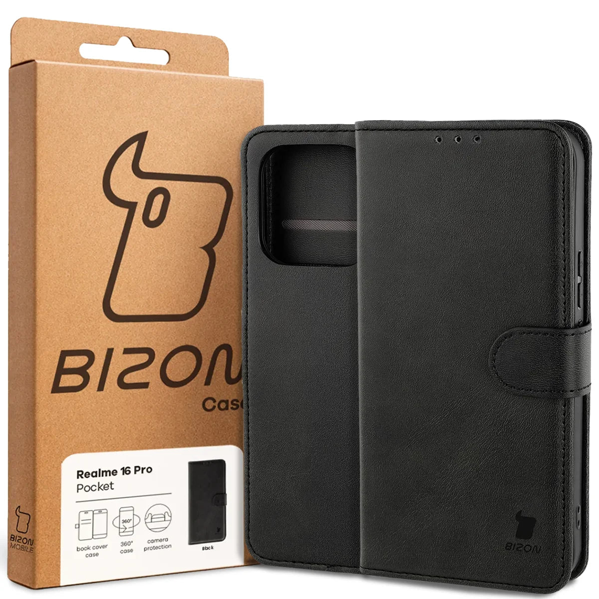 Handyhülle mit Klappe für Realme 16 Pro 5G, Bizon Case Pocket, Schwarz