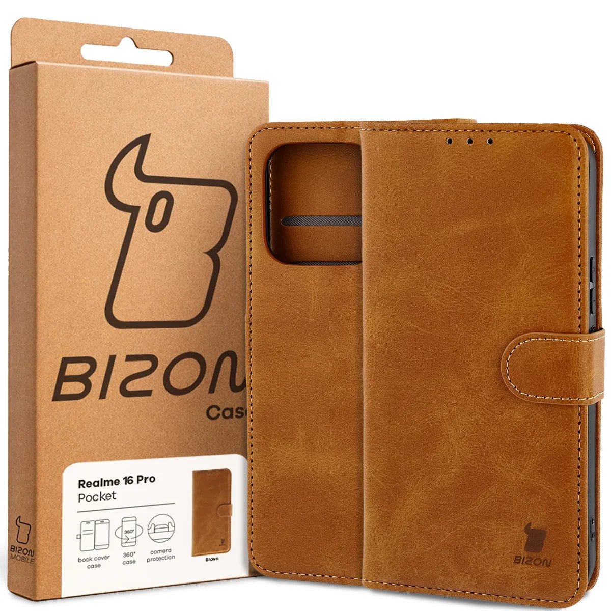 Handyhülle mit Klappe für Realme 16 Pro 5G, Bizon Case Pocket, Braun