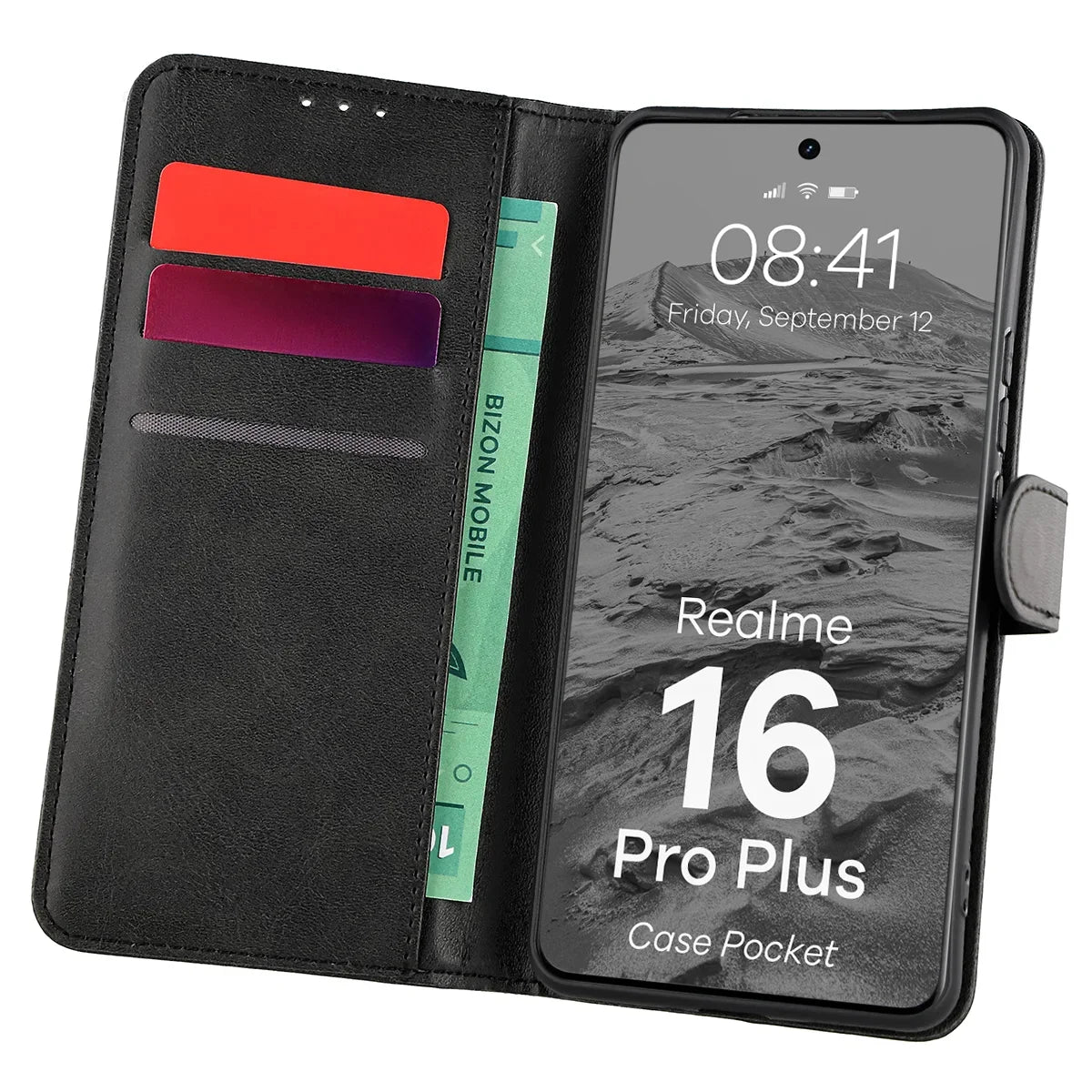 Handyhülle mit Klappe für Realme 16 Pro Plus 5G, Bizon Case Pocket, Schwarz