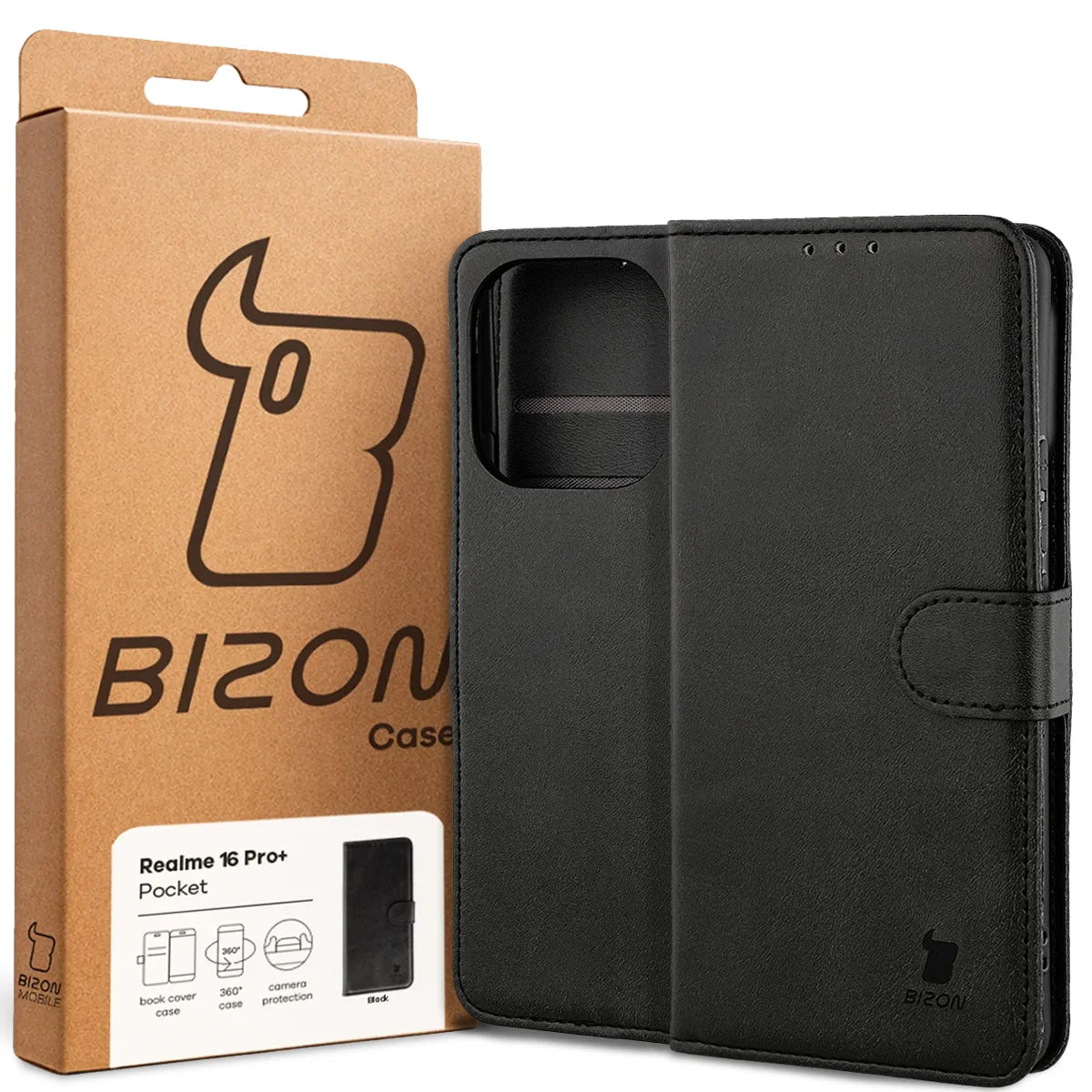 Handyhülle mit Klappe für Realme 16 Pro Plus 5G, Bizon Case Pocket, Schwarz