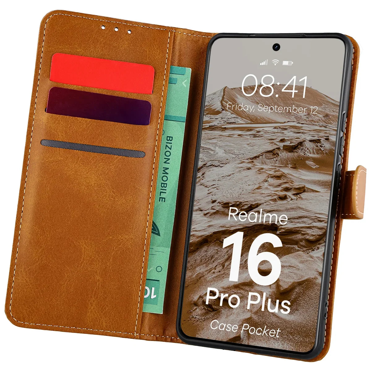 Handyhülle mit Klappe für Realme 16 Pro Plus 5G, Bizon Case Pocket, Braun