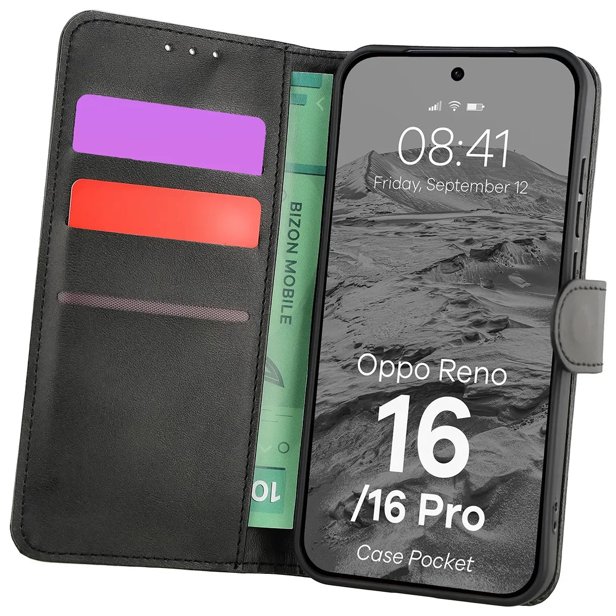 Handyhülle mit Klappe für Oppo Reno16 / Reno16 Pro 5G, Bizon Case Pocket, Schwarz