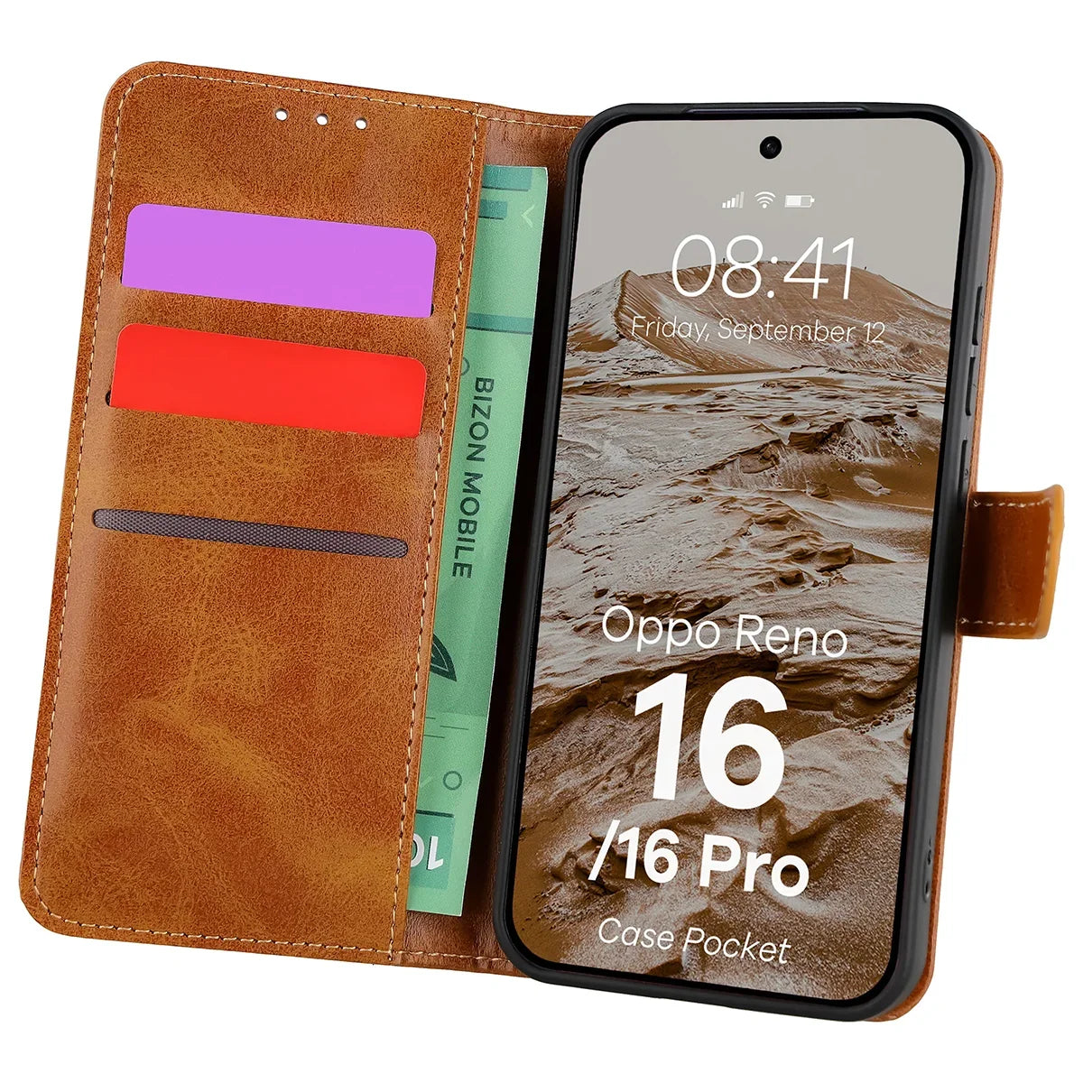 Handyhülle mit Klappe für Oppo Reno16 / Reno16 Pro 5G, Bizon Case Pocket, Braun