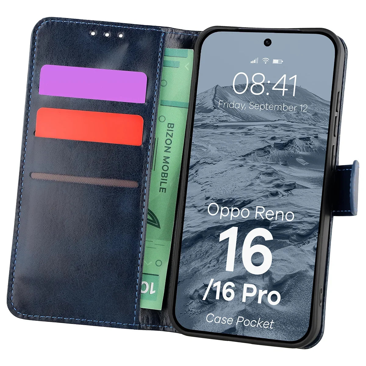 Handyhülle mit Klappe für Oppo Reno16 / Reno16 Pro 5G, Bizon Case Pocket, Dunkelblau