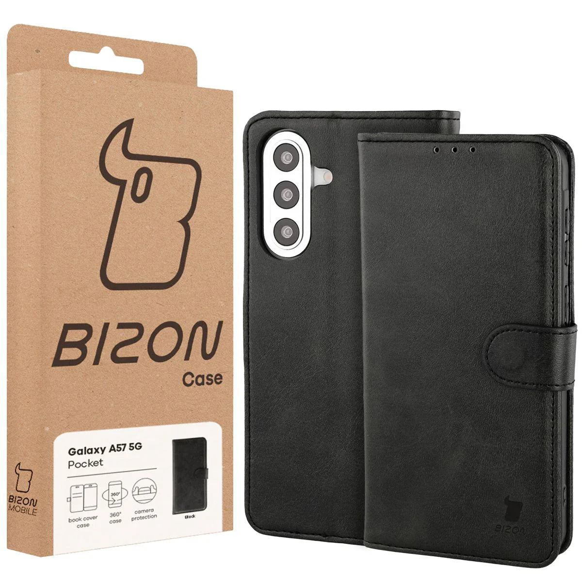 Handyhülle mit Klappe für Galaxy A57 5G, Bizon Case Pocket, Schwarz