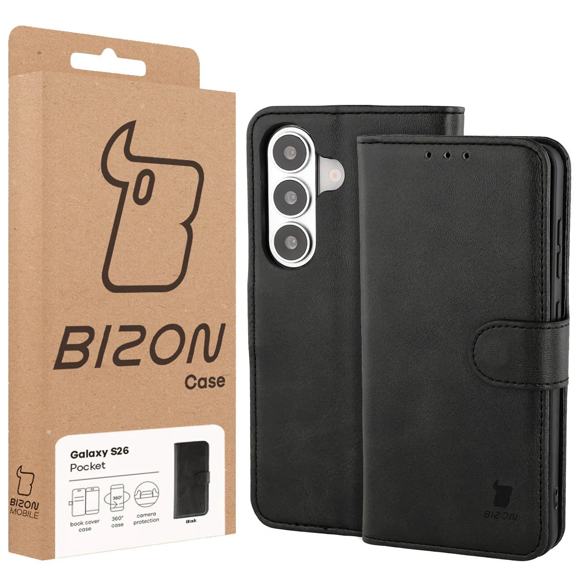 Handyhülle mit Klappe für Galaxy S26, Bizon Case Pocket, Schwarz