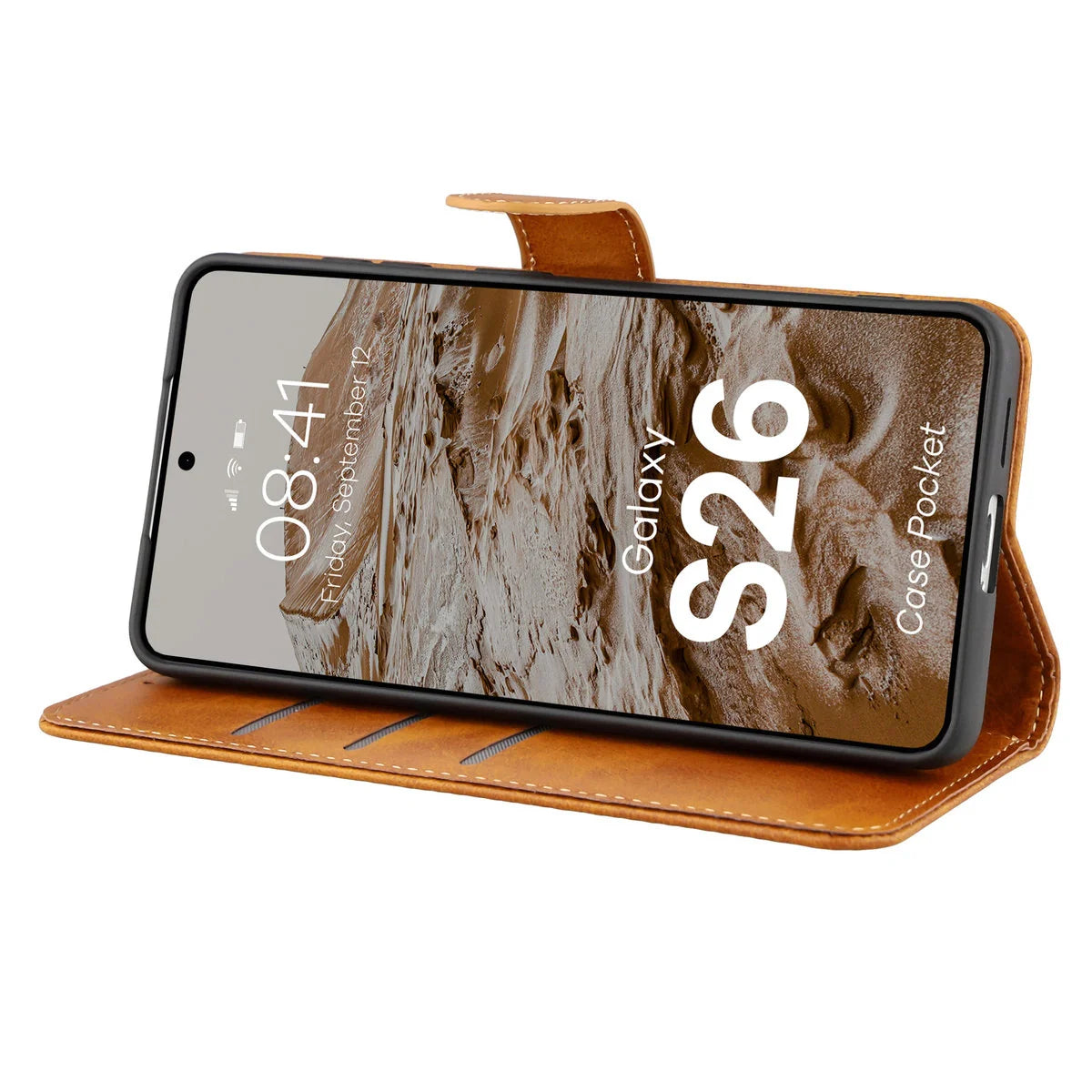 Handyhülle mit Klappe für Galaxy S26, Bizon Case Pocket, Braun