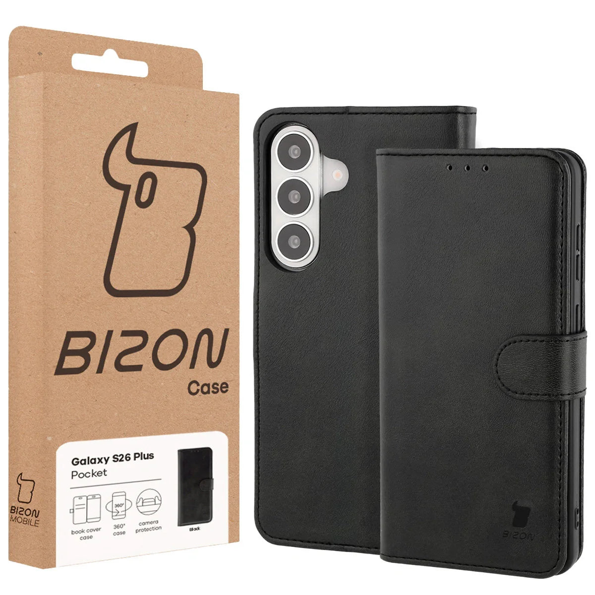 Handyhülle mit Klappe für Galaxy S26 Plus, Bizon Case Pocket, Schwarz