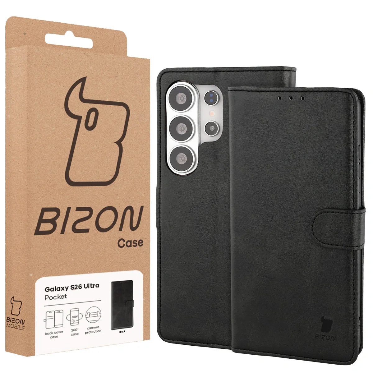 Handyhülle mit Klappe für Galaxy S26 Ultra, Bizon Case Pocket, Schwarz