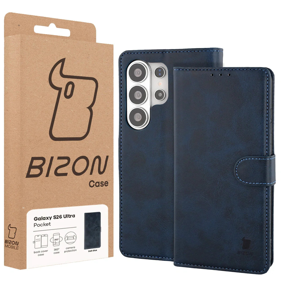 Handyhülle mit Klappe für Galaxy S26 Ultra, Bizon Case Pocket, Dunkelblau