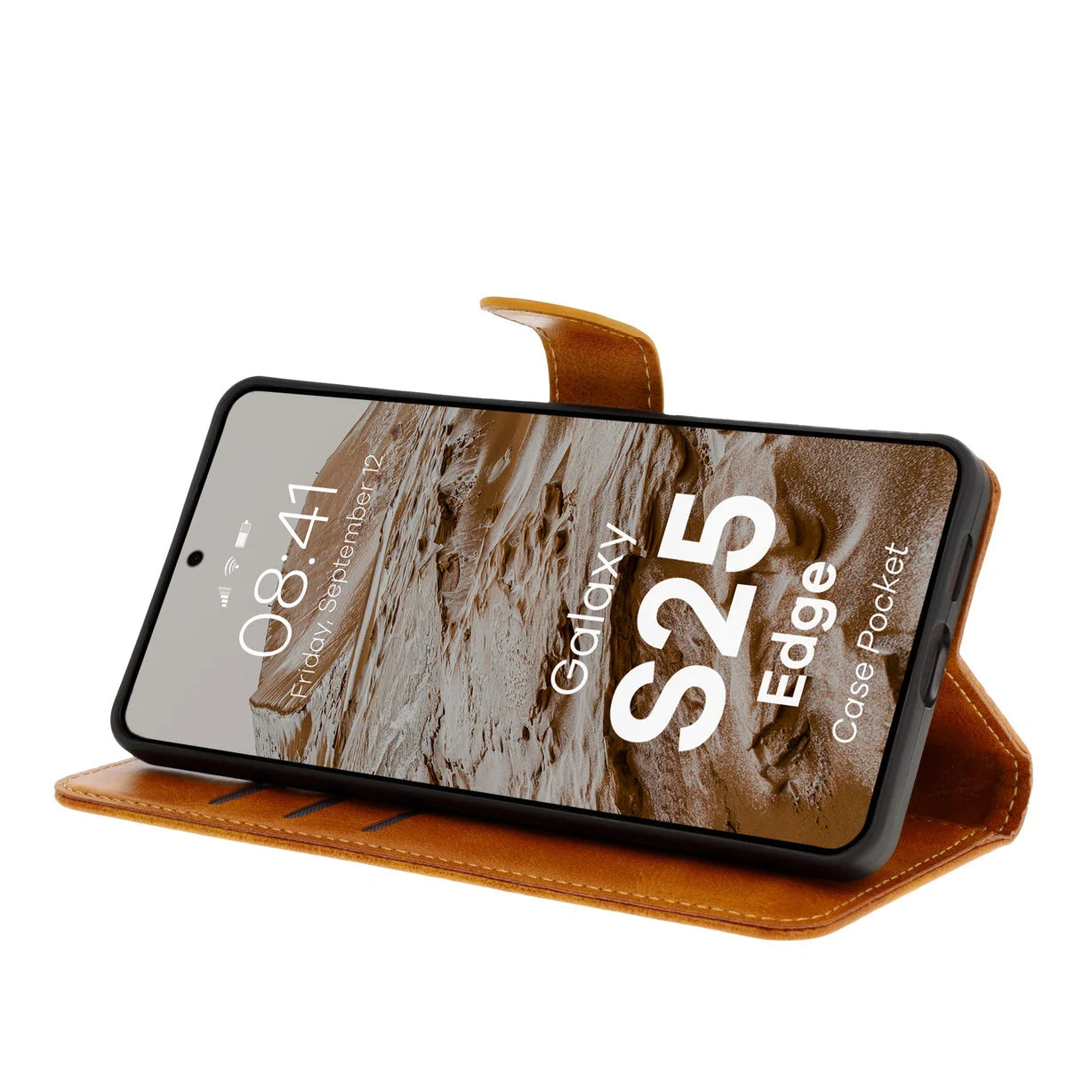 Handyhülle mit Klappe für Galaxy S25 Edge, Bizon Case Pocket, Braun