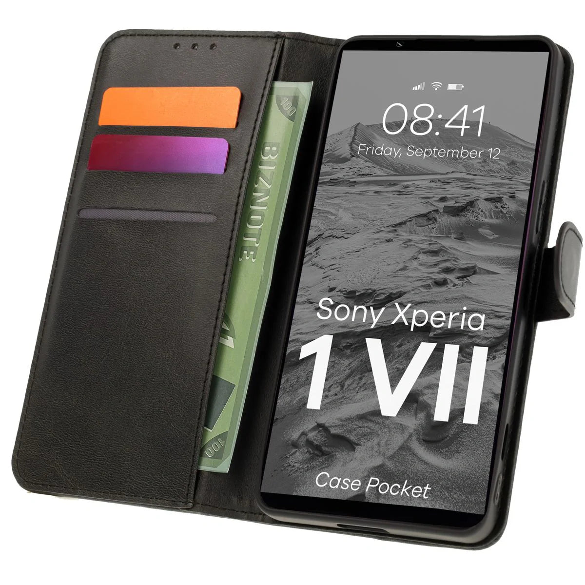 Handyhülle mit Klappe für Xperia 1 VII, Bizon Case Pocket, Schwarz