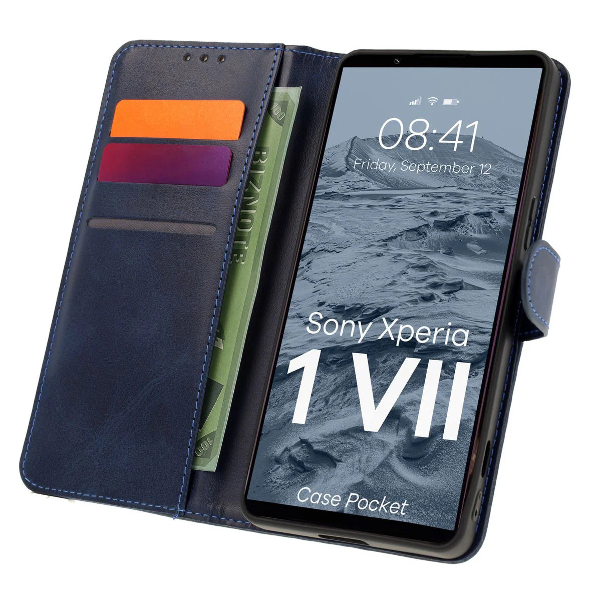 Handyhülle mit Klappe für Xperia 1 VII, Bizon Case Pocket, Dunkelblau