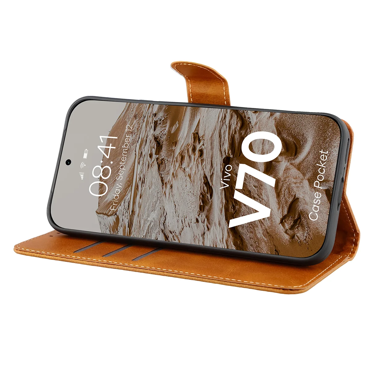 Handyhülle mit Klappe für Vivo V70 5G, Bizon Case Pocket, Braun