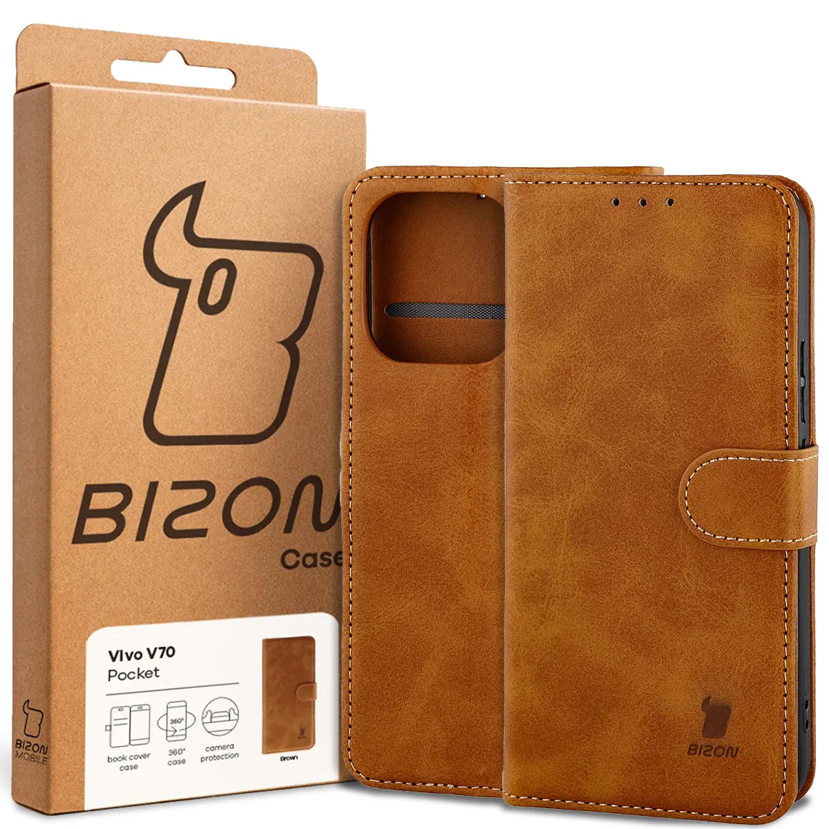 Handyhülle mit Klappe für Vivo V70 5G, Bizon Case Pocket, Braun